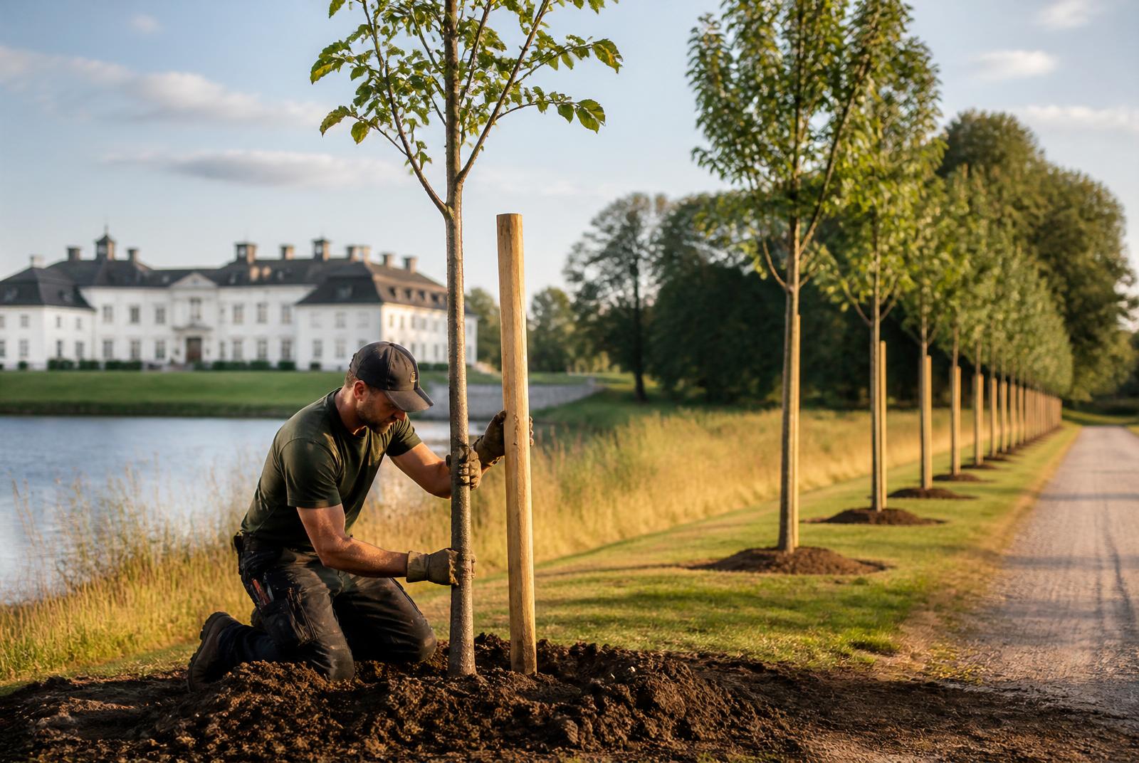 Arborist planterar unga alléträd längs herrgårdsuppfart